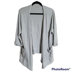 Loft Gray White Striped Open Front Waterfall Roll Tab Sleeve Lightweight Sweater